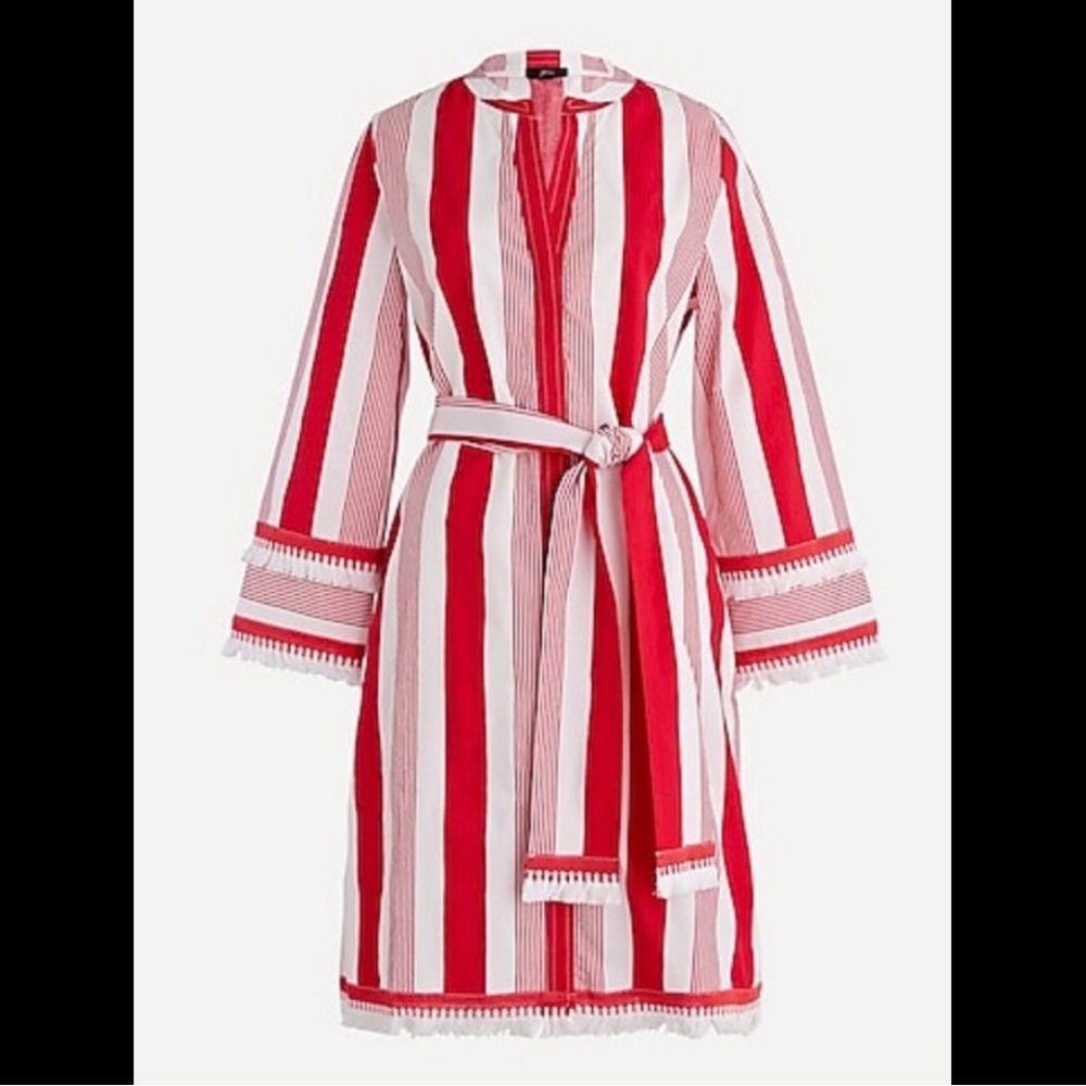 J.CREW Belted Cotton Poplin Tunic Dress Red White Striped Fringe Trim Pockets